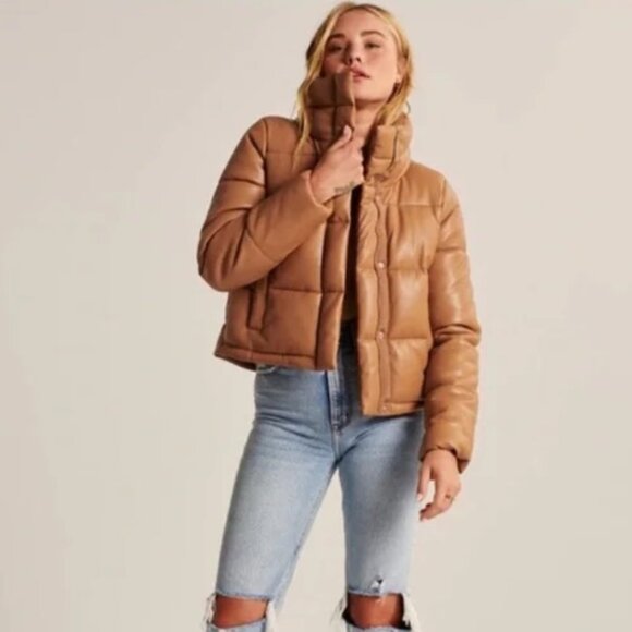 Abercrombie & Fitch Tan Faux Leather Mini Puffer Jacket with Quilted Design NWOT - Picture 1 of 16